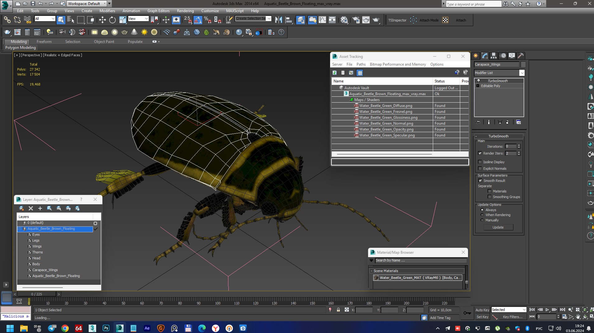 Aquatic Beetle Brown Floating 3D model