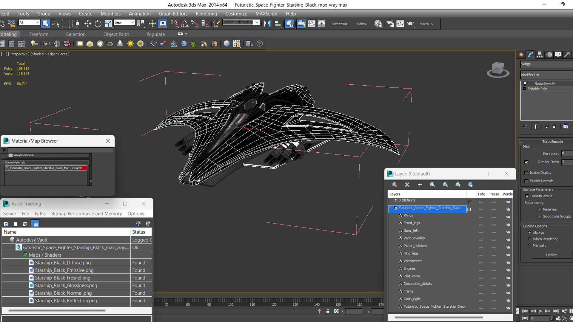 Futuristic Space Fighter Starship Black 3D model