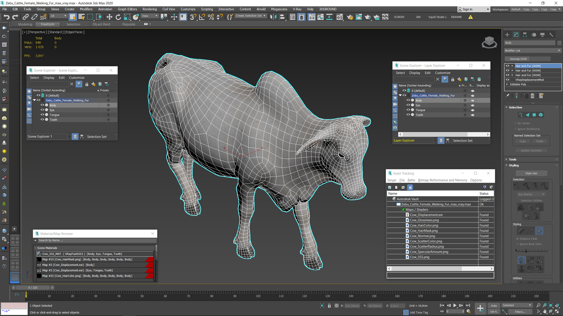 3D model Zebu Cattle Female Walking Fur