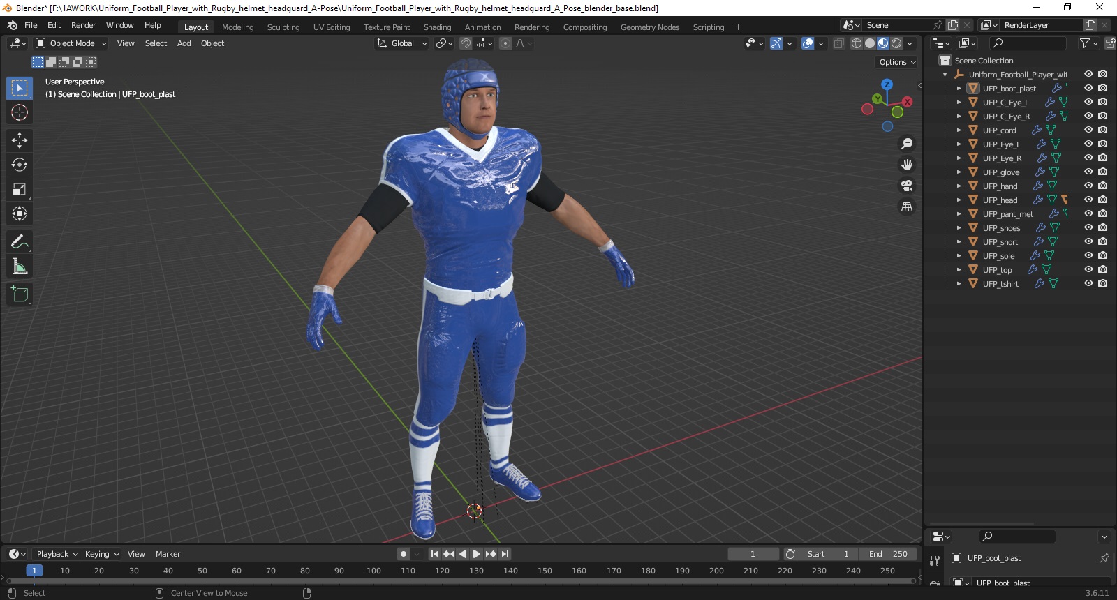 3D Uniform Football Player with Rugby Helmet Headguard A-Pose model