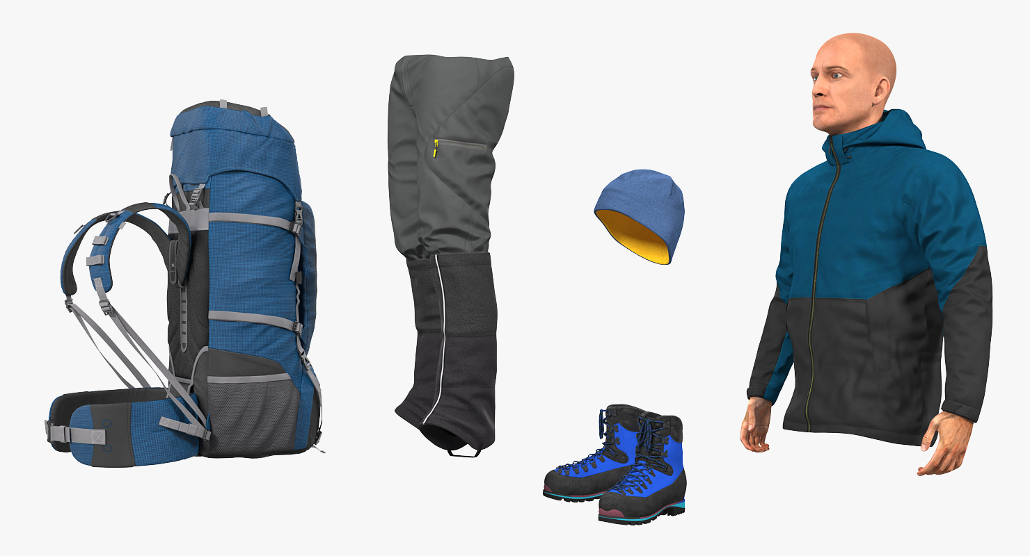 3D Winter Hiking Clothes Men with Backpack Standing Pose model