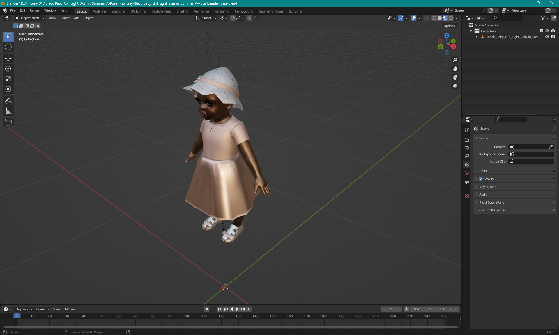 3D Black Baby Girl Light Skin in Summer A-Pose model