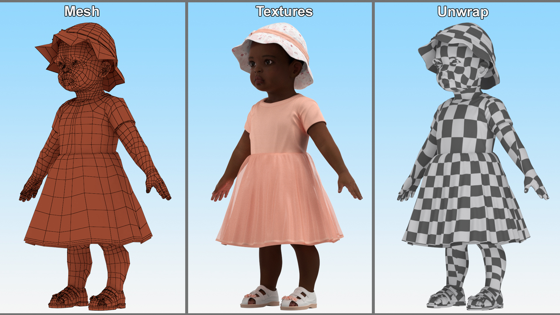 3D Black Baby Girl Light Skin in Summer A-Pose model