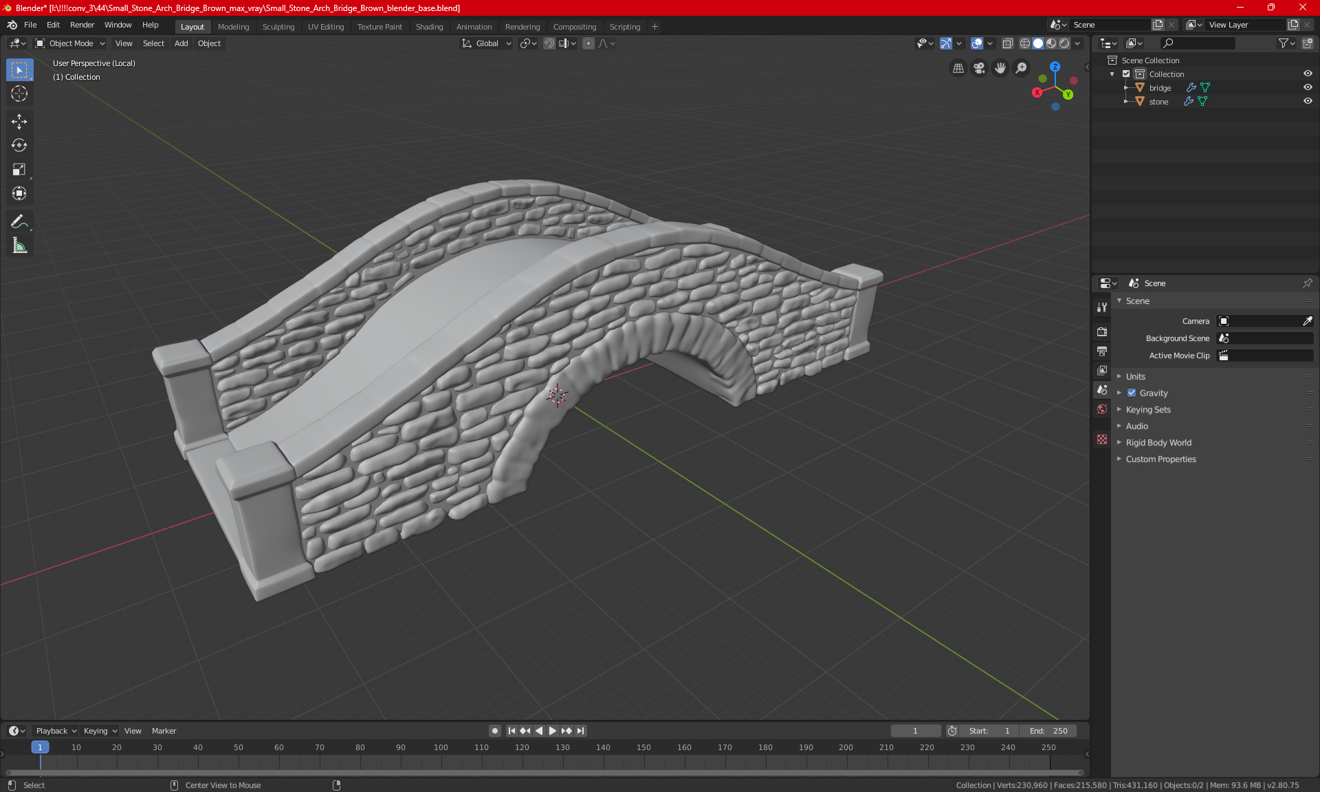 3D model Stone Arch Bridge Covered with Moss
