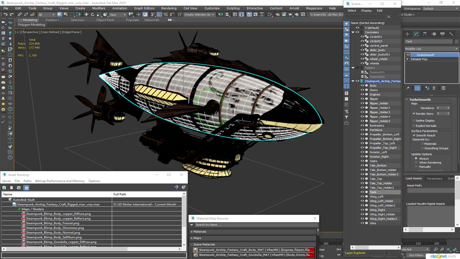 3D Steampunk Airship Fantasy Craft Rigged model