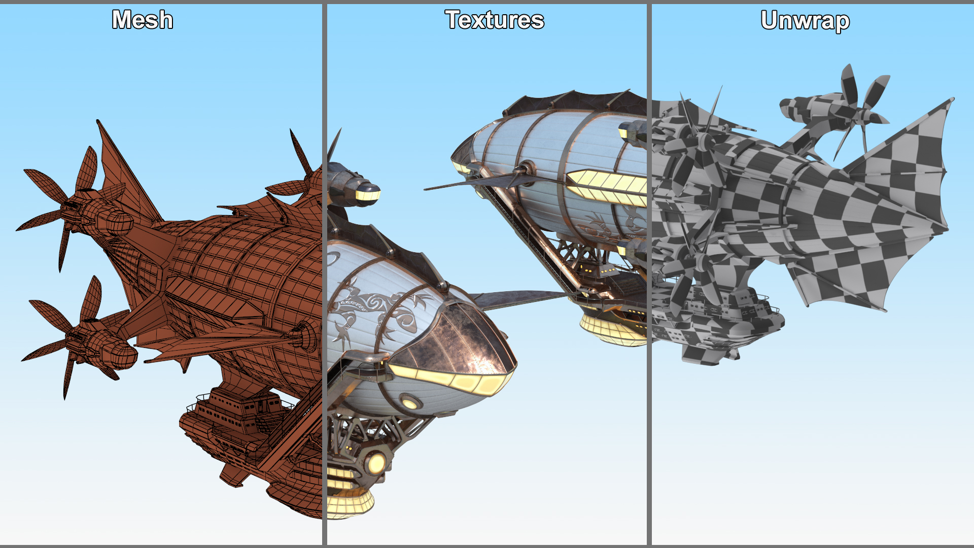 3D Steampunk Airship Fantasy Craft Rigged model