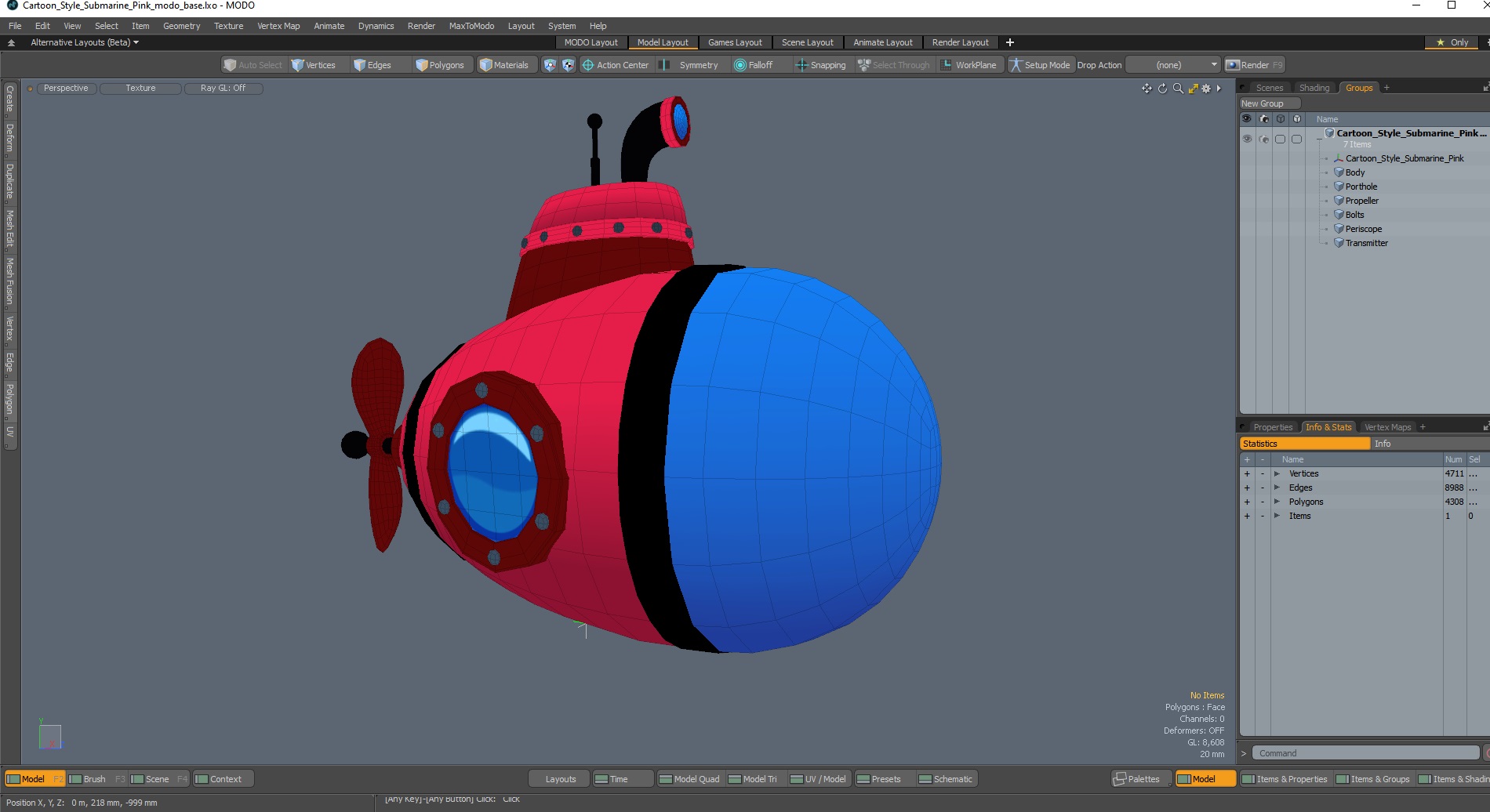 3D Cartoon Style Submarine Pink model