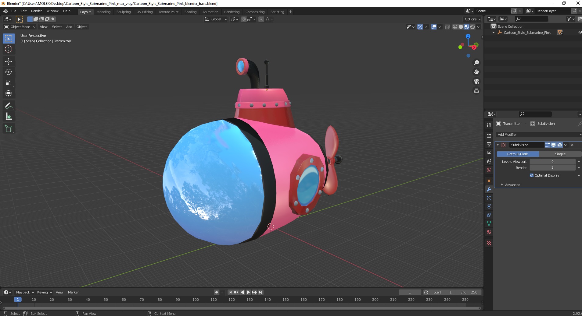 3D Cartoon Style Submarine Pink model