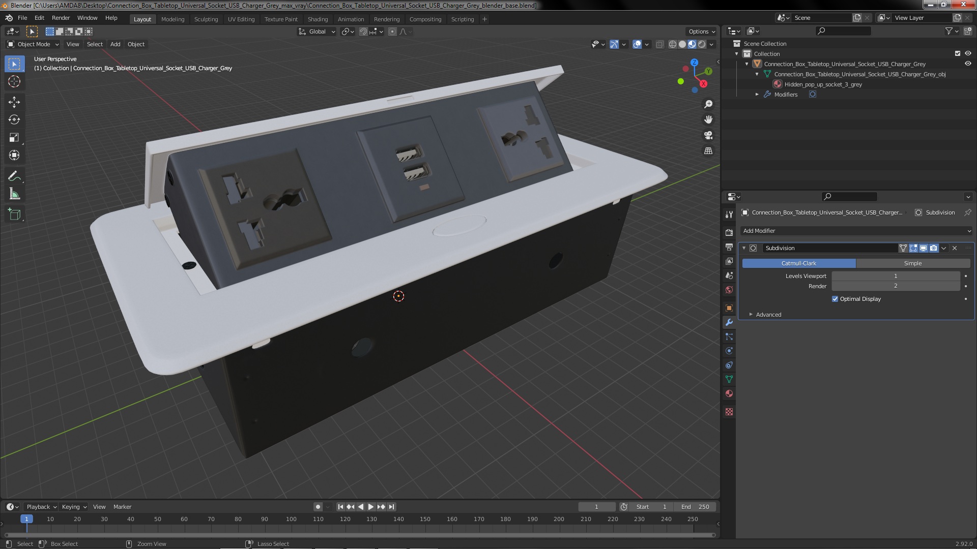 Connection Box Tabletop Universal Socket USB Charger Grey 3D