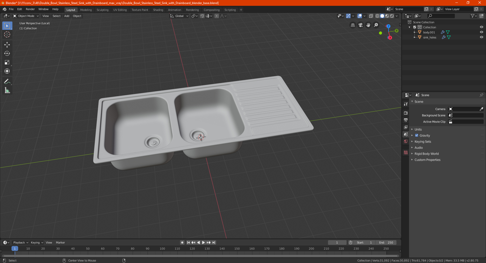 3D Double Bowl Stainless Steel Sink with Drainboard model