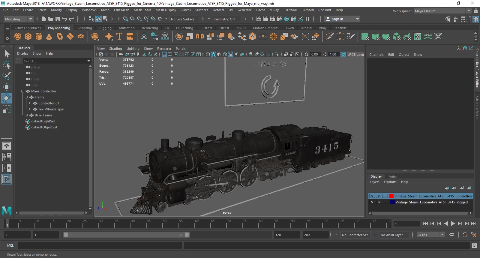 3D model Vintage Steam Locomotive ATSF 3415 Rigged for Maya