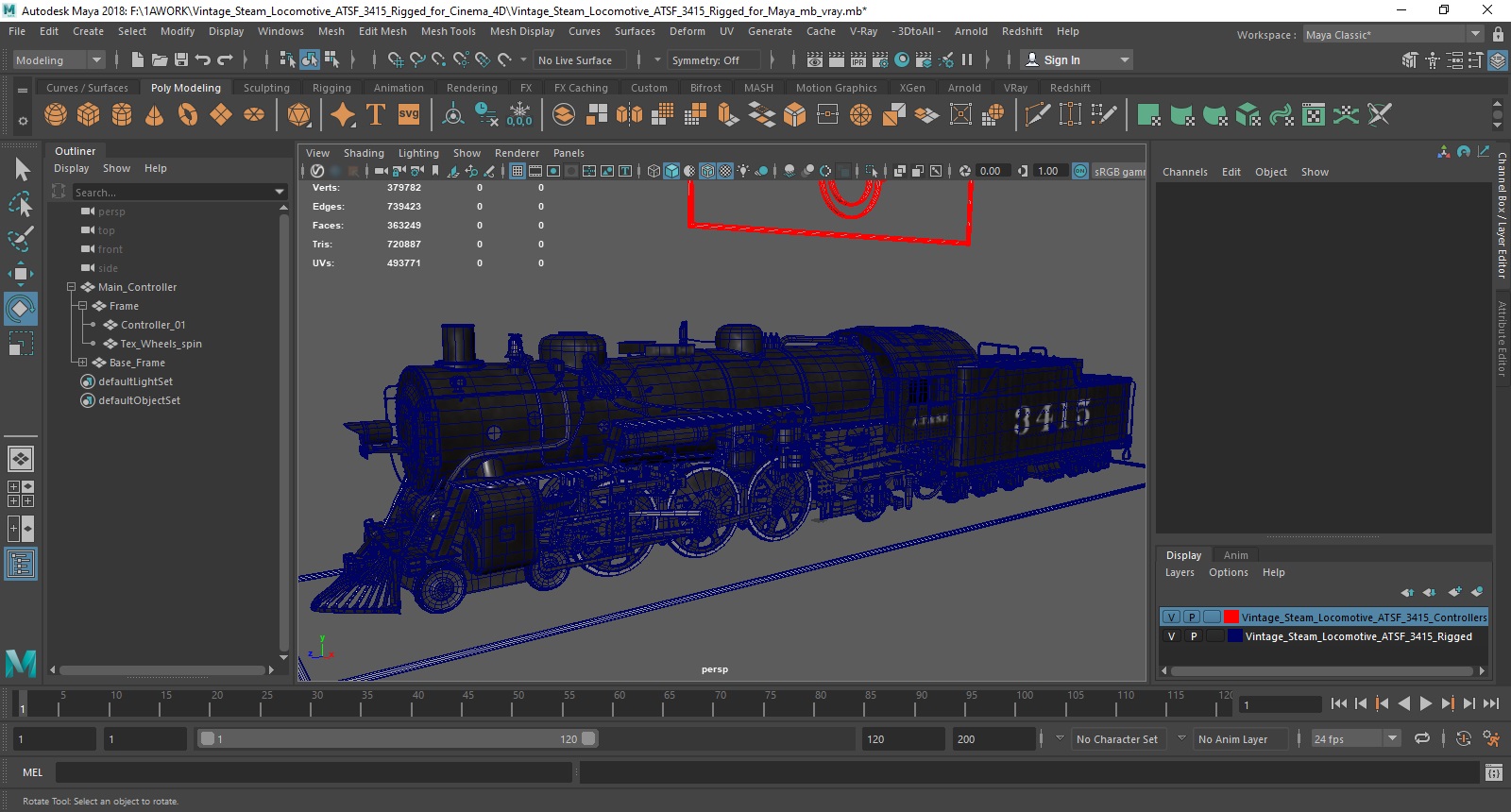 3D model Vintage Steam Locomotive ATSF 3415 Rigged for Maya