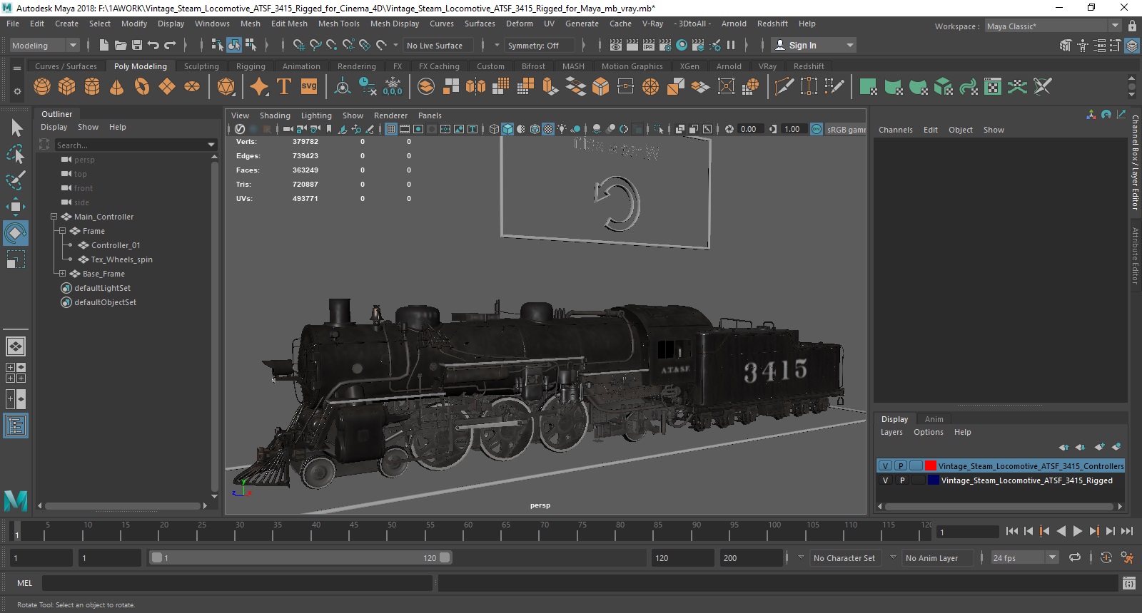 3D model Vintage Steam Locomotive ATSF 3415 Rigged for Maya