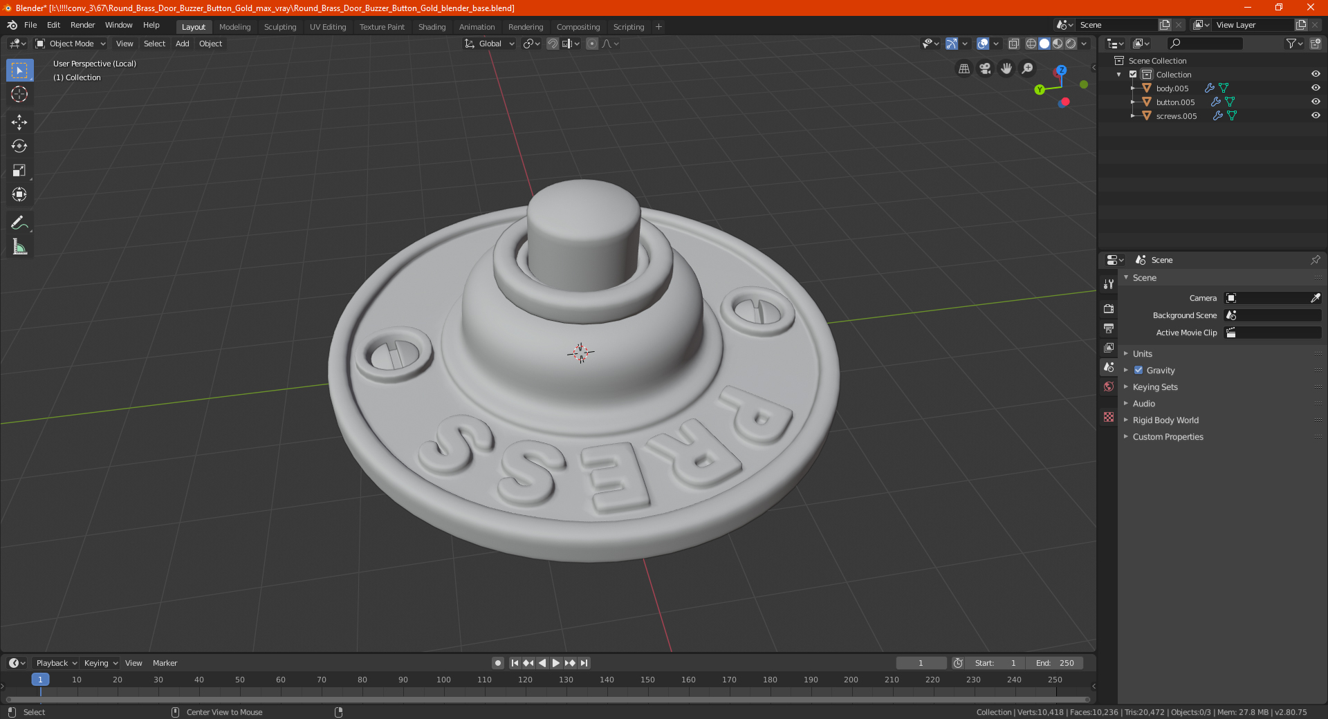 3D Vintage Round Doorbell Button Silver