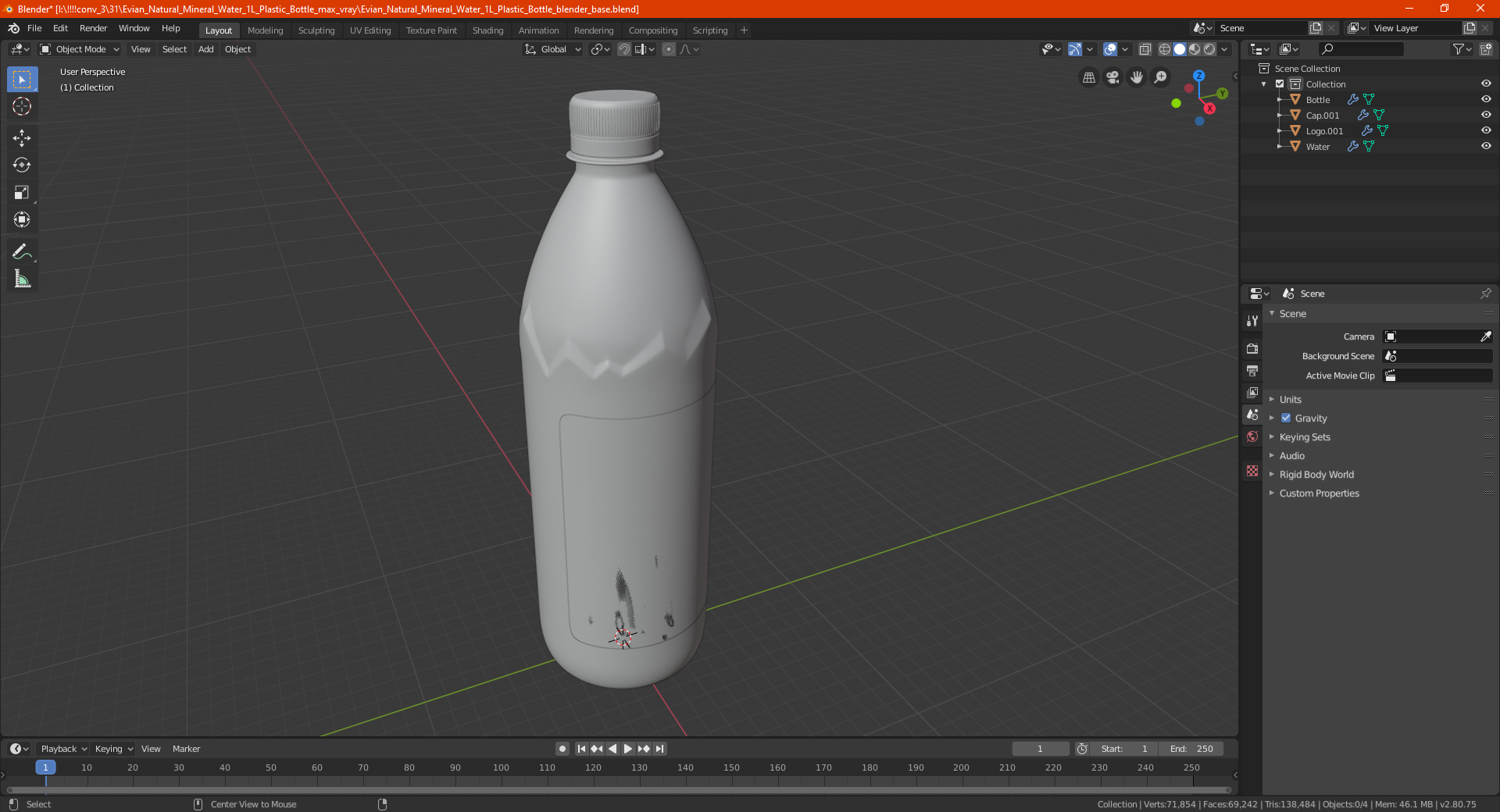 3D model Evian Natural Mineral Water 1L Plastic Bottle