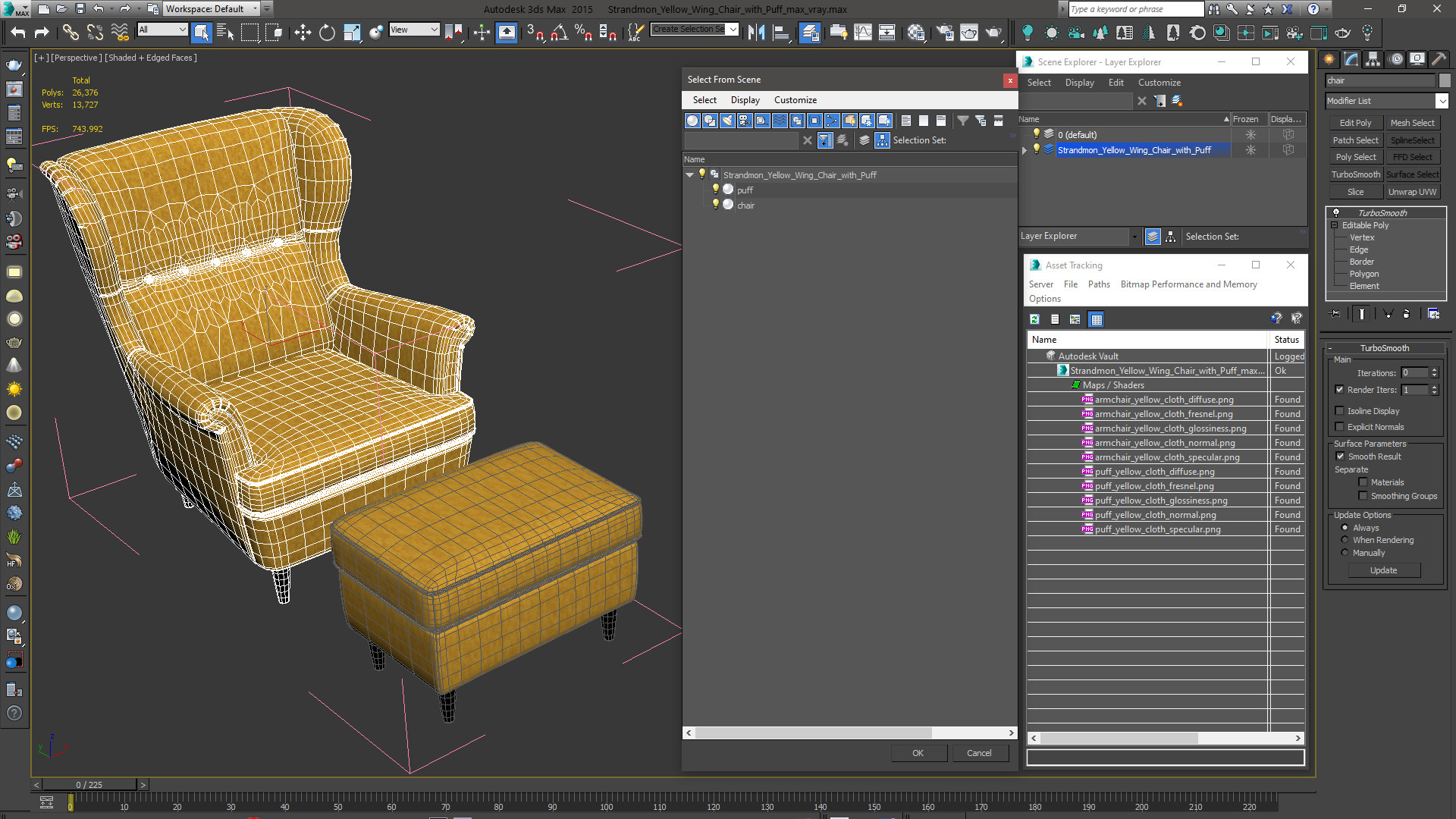 Strandmon Yellow Wing Chair with Puff 3D