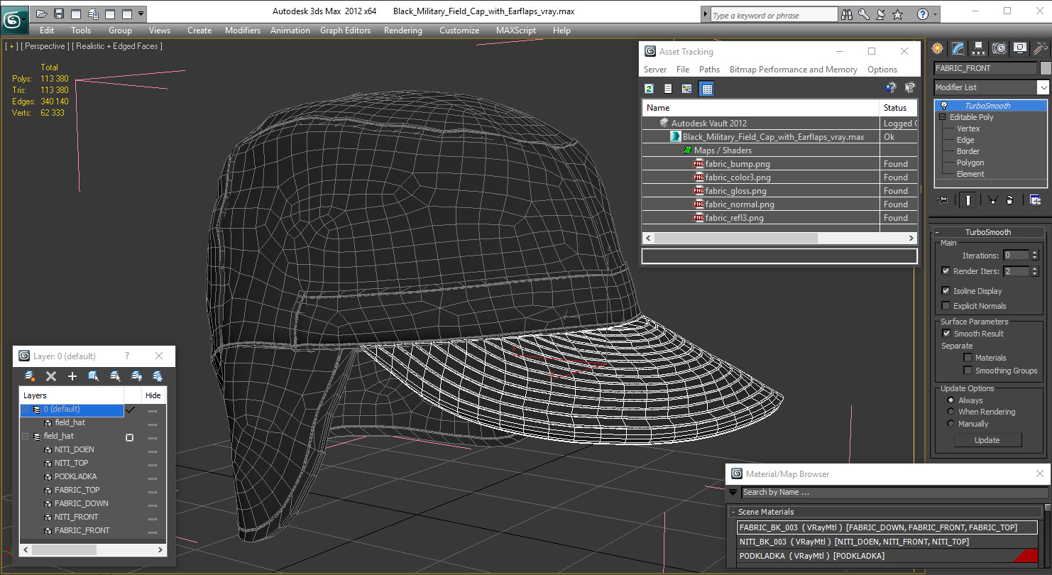 3D Black Military Field Cap with Earflaps model
