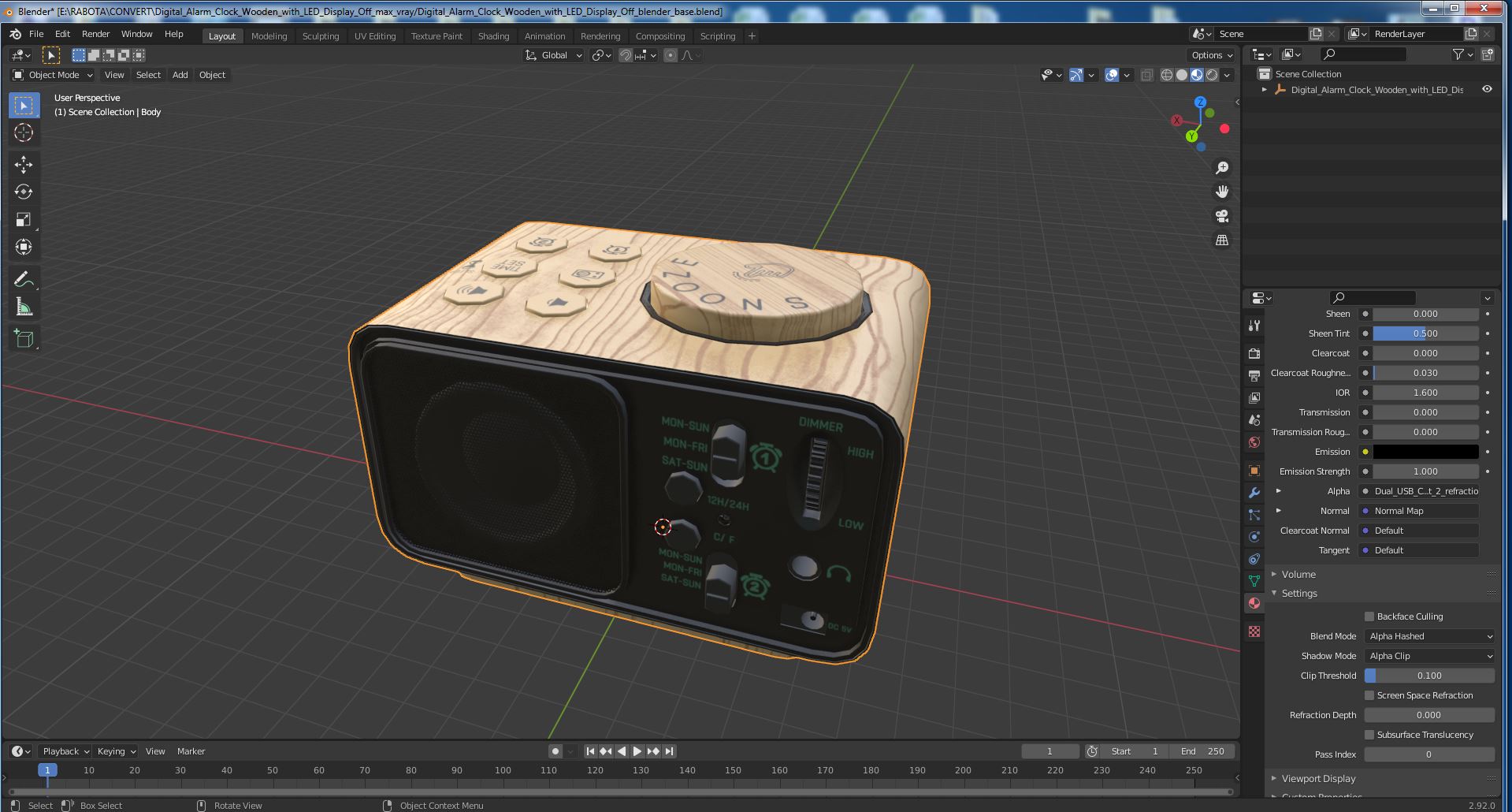 Digital Alarm Clock Wooden with LED Display Off 3D