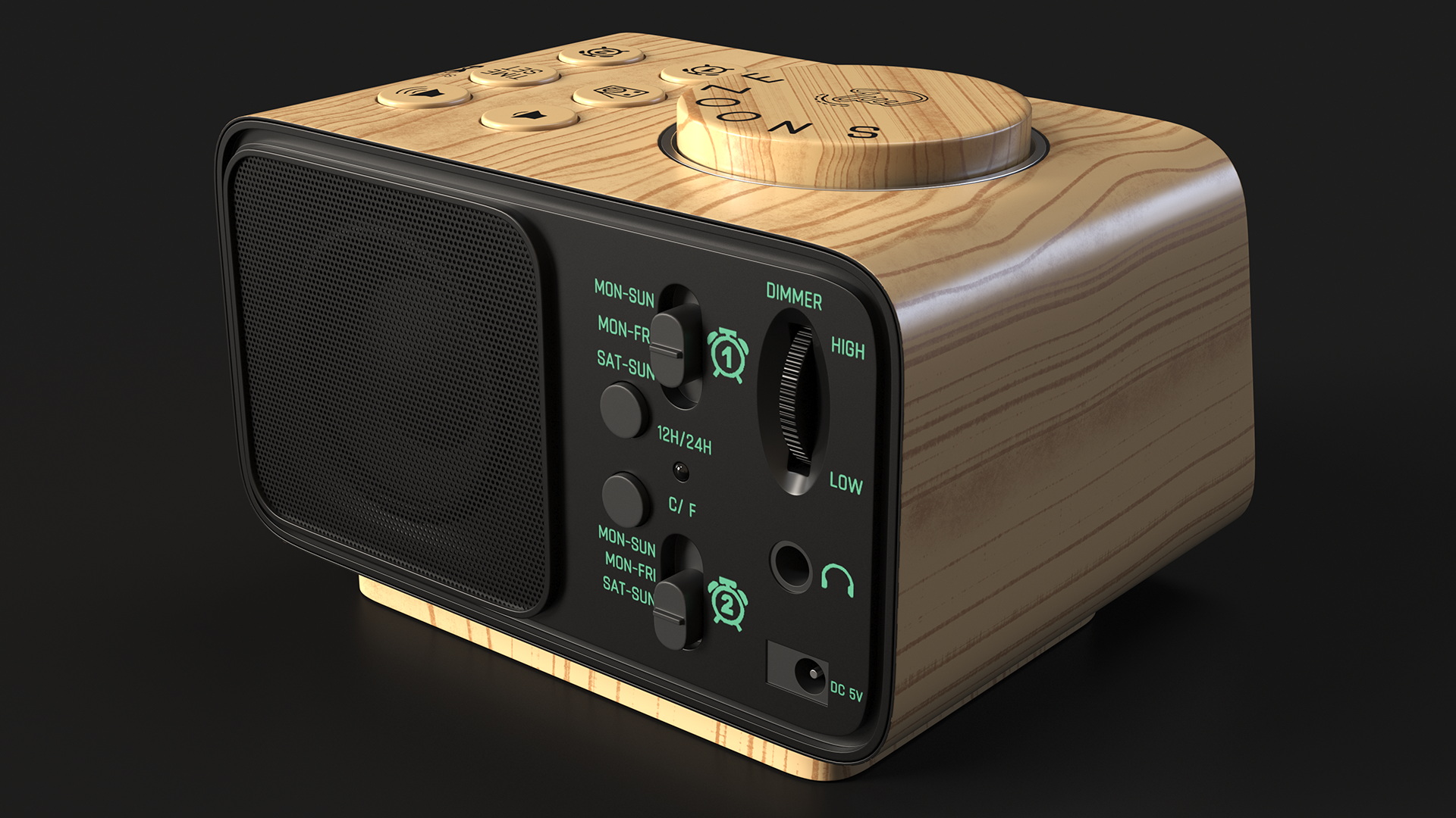Digital Alarm Clock Wooden with LED Display Off 3D