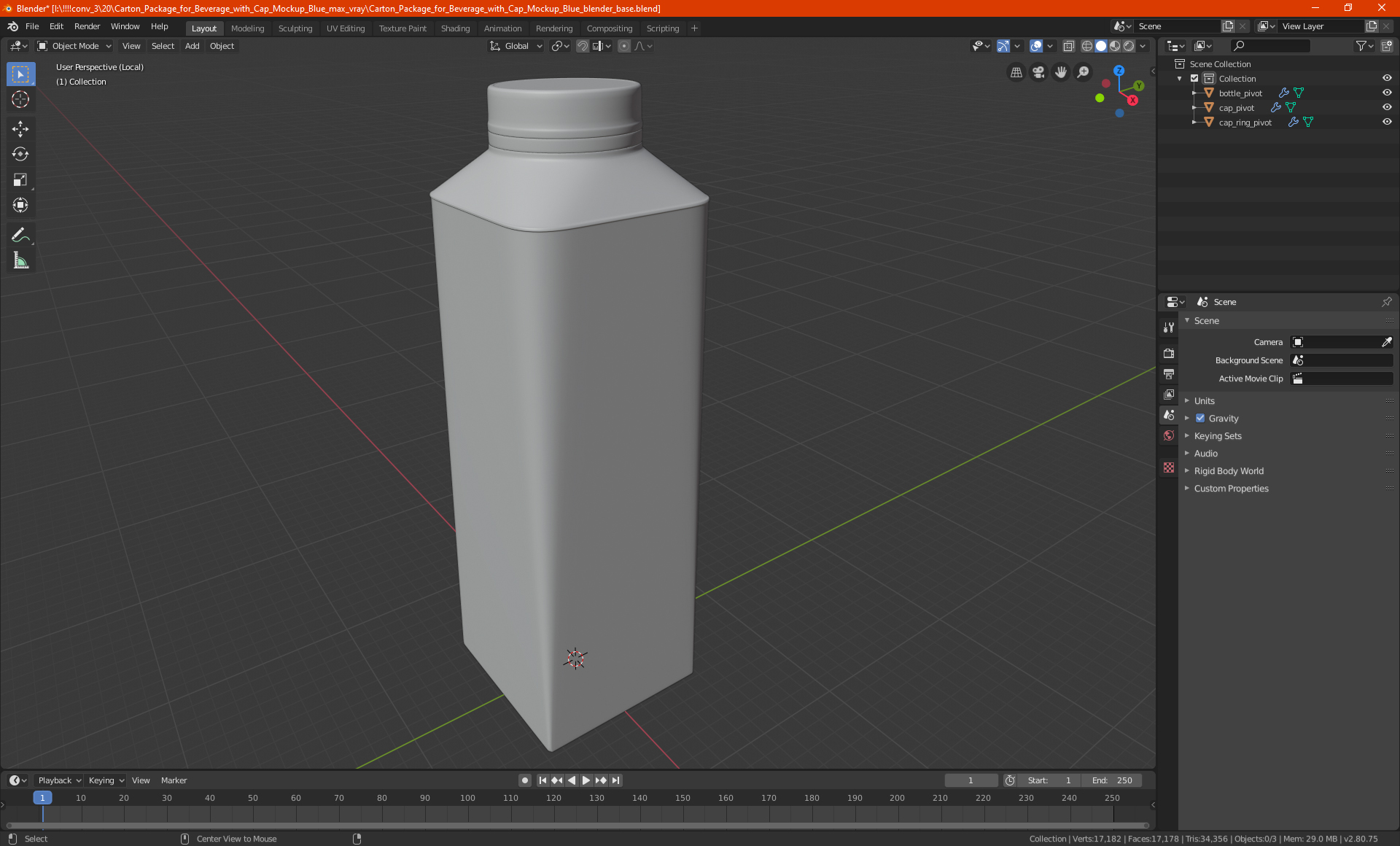3D Carton Package for Beverage with Cap Mockup Blue model