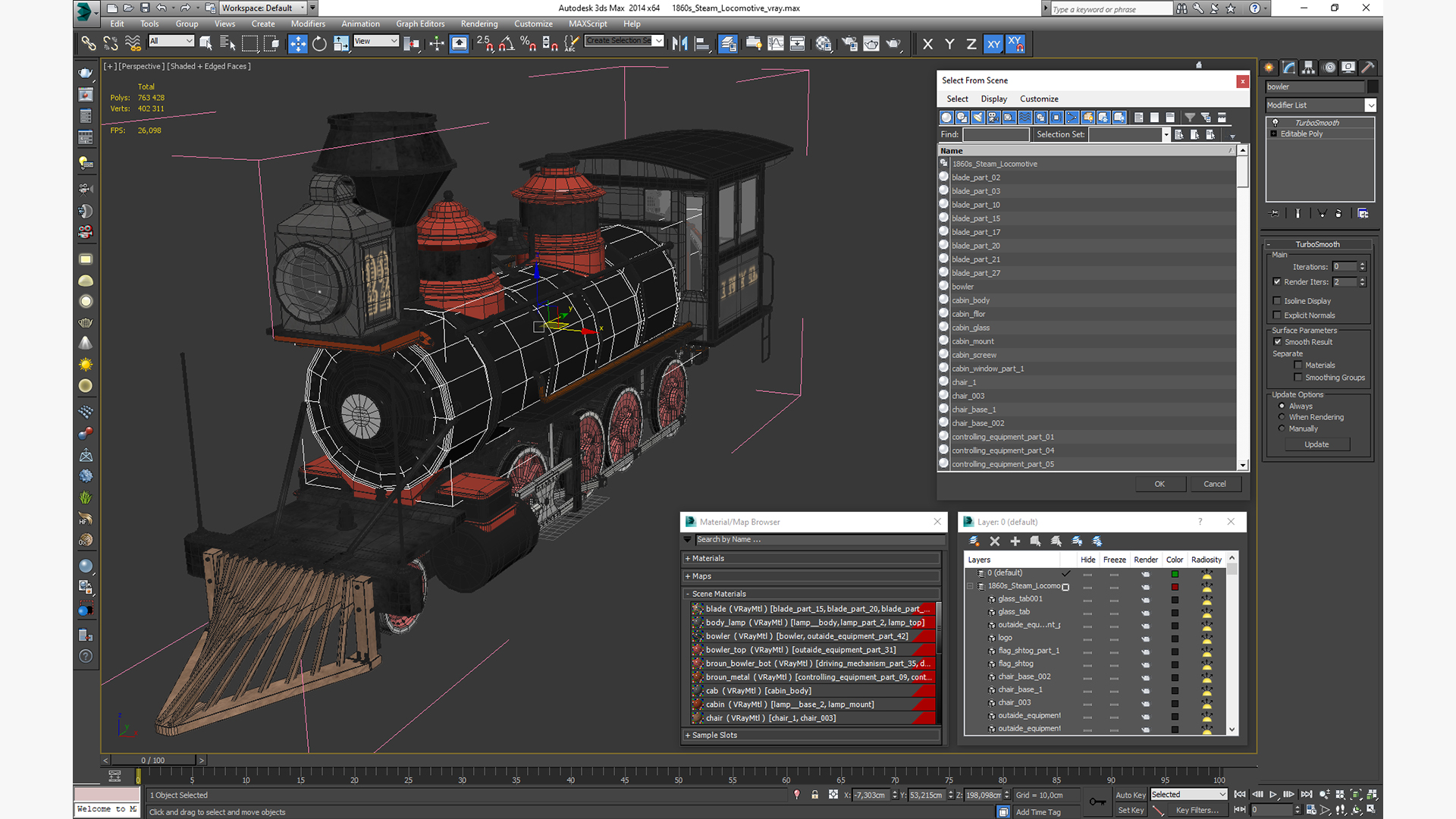 1860s Steam Locomotive 3D