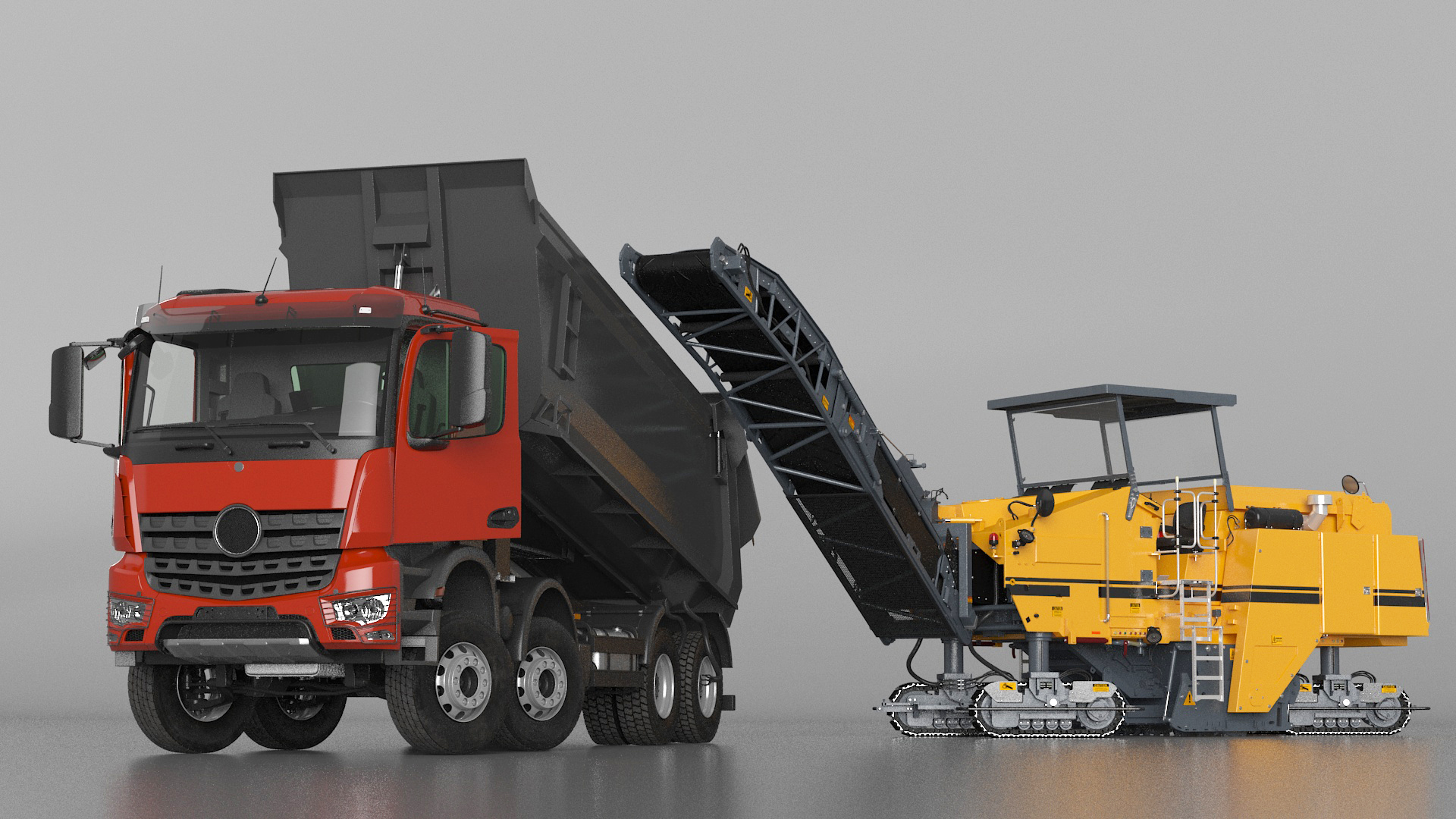 3D Road Milling Machine Loads Milled Asphalt into the Dump Truck Rigged model