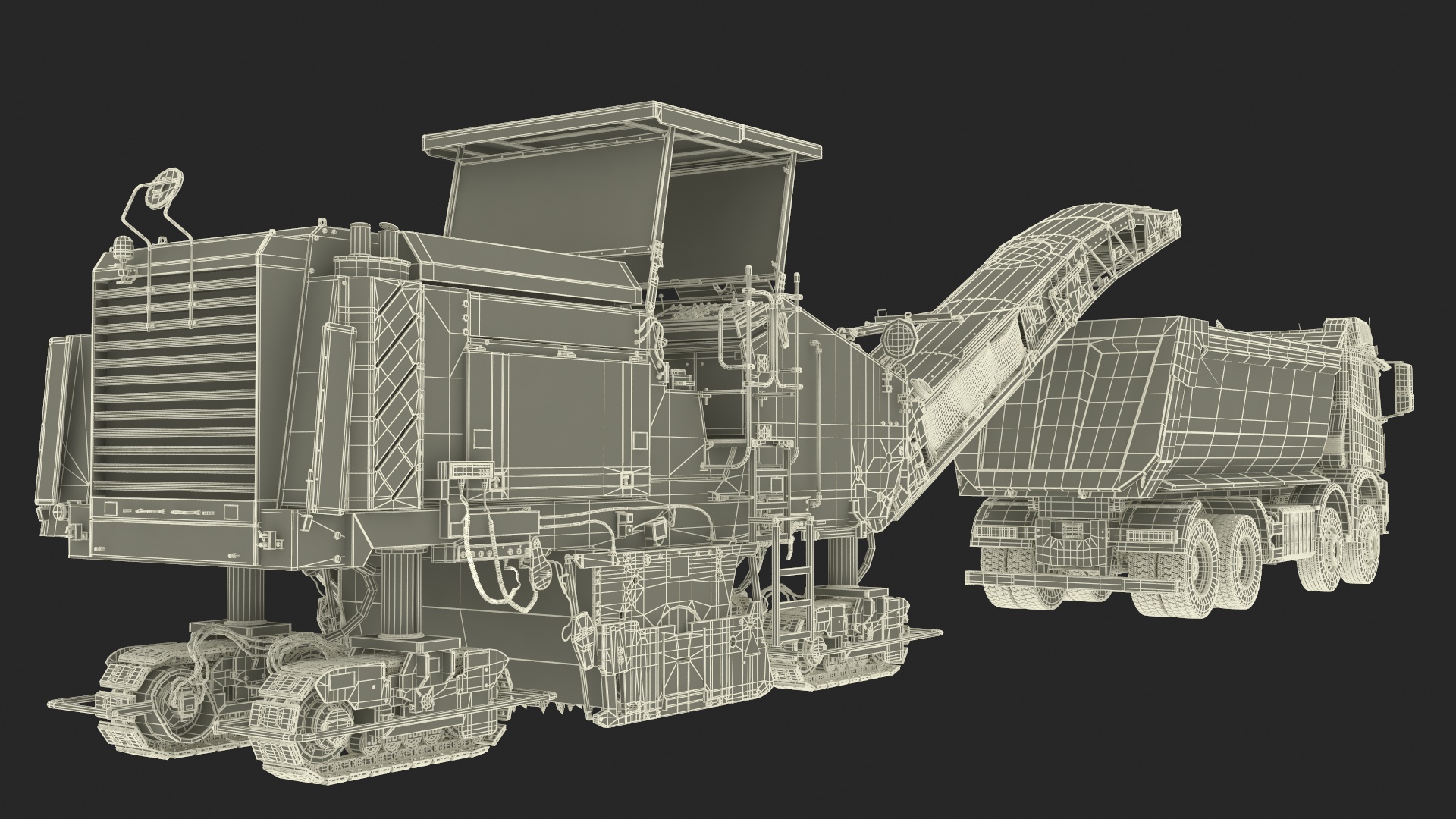 3D Road Milling Machine Loads Milled Asphalt into the Dump Truck Rigged model