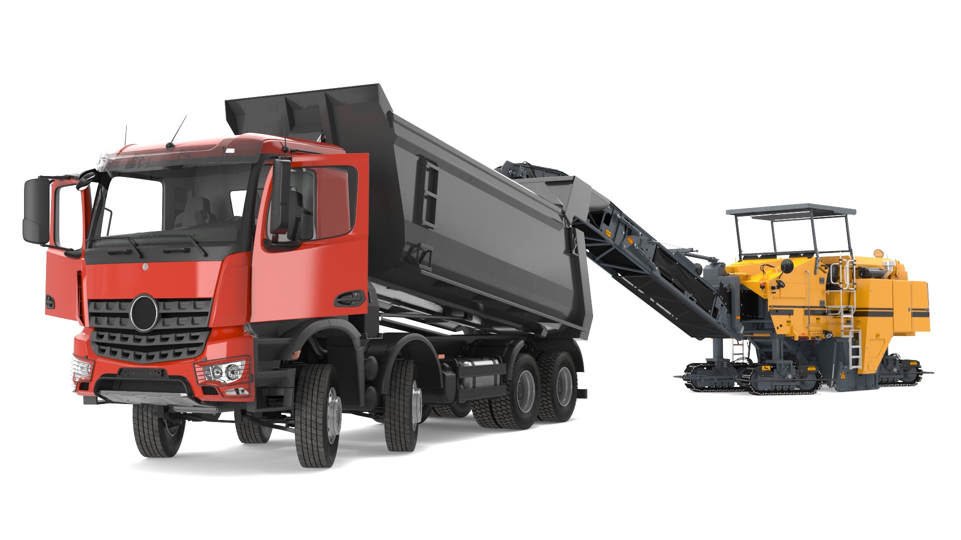 3D Road Milling Machine Loads Milled Asphalt into the Dump Truck Rigged model