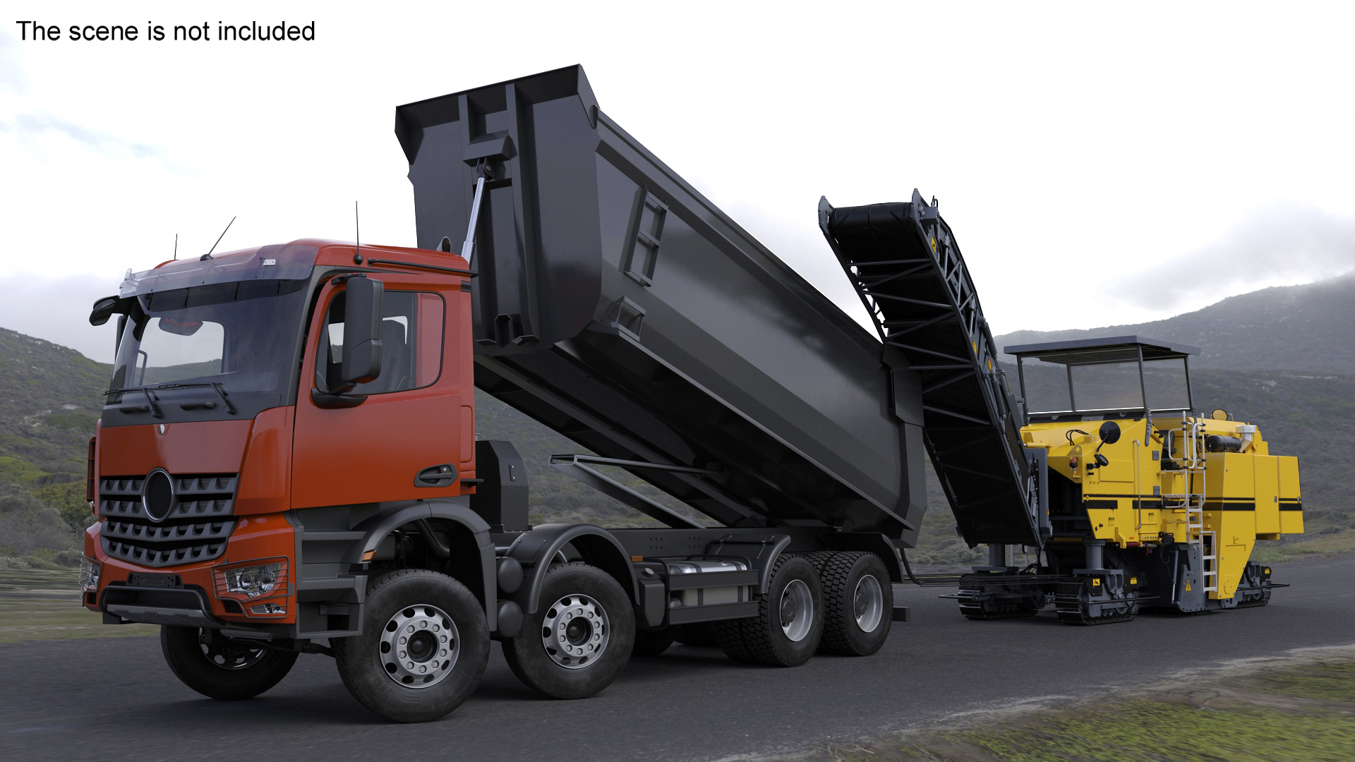 3D Road Milling Machine Loads Milled Asphalt into the Dump Truck Rigged model