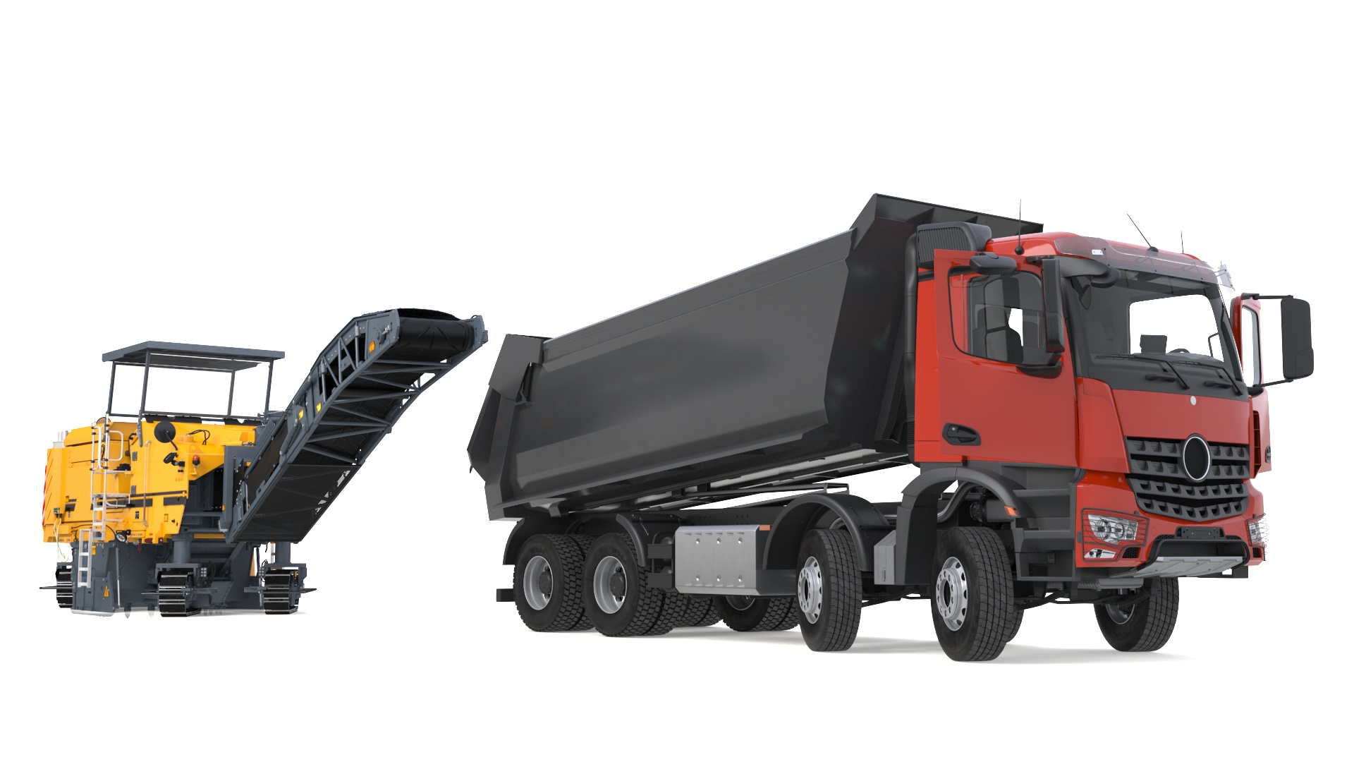3D Road Milling Machine Loads Milled Asphalt into the Dump Truck Rigged model