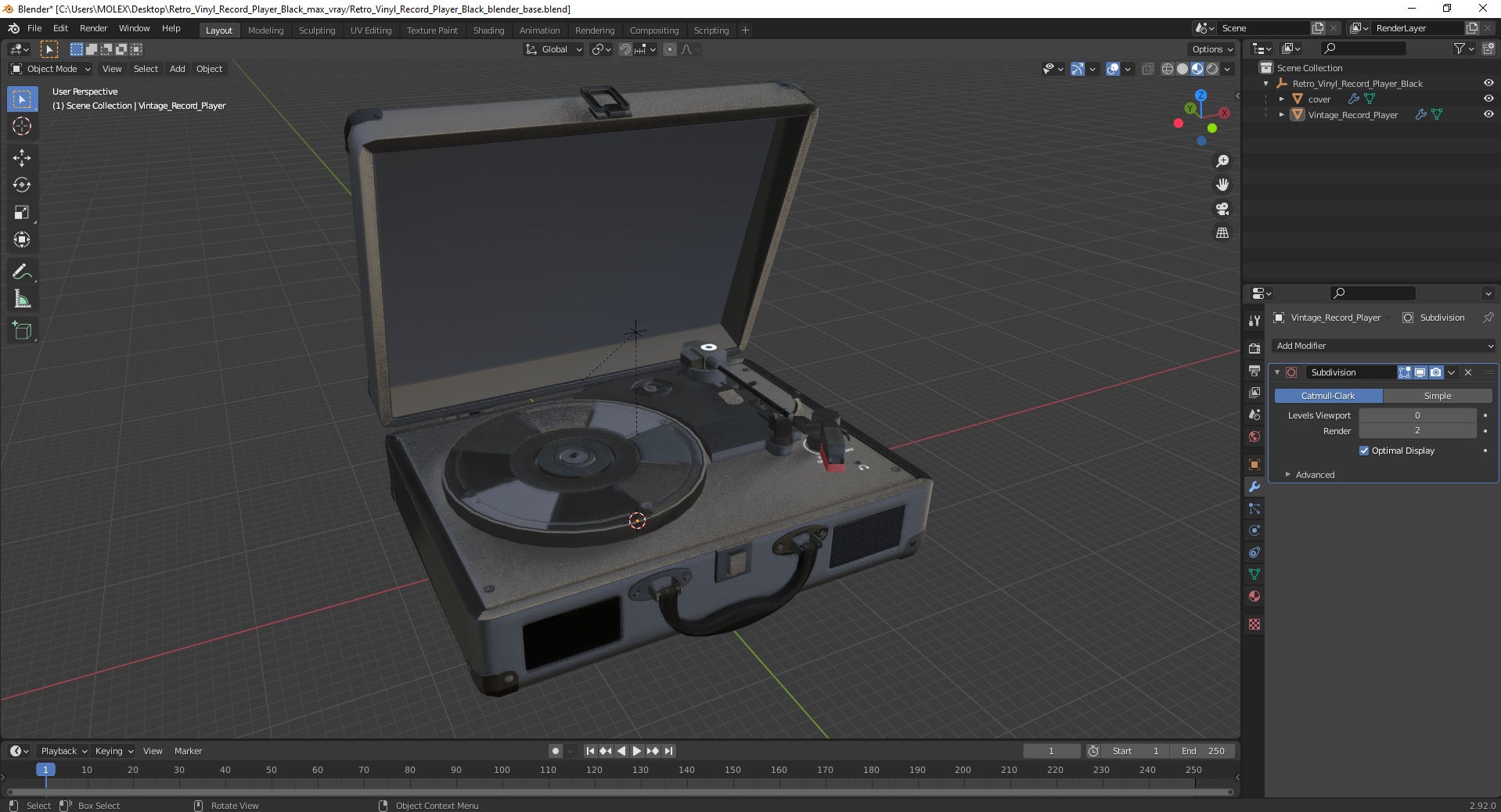 3D Retro Vinyl Record Player Black