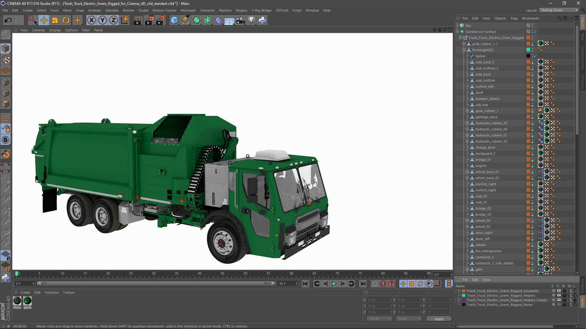 Trash Truck Electric Green Rigged for Cinema 4D 3D