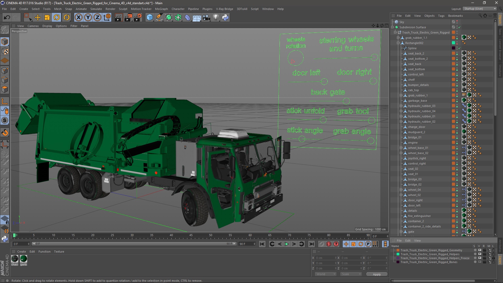 Trash Truck Electric Green Rigged for Cinema 4D 3D
