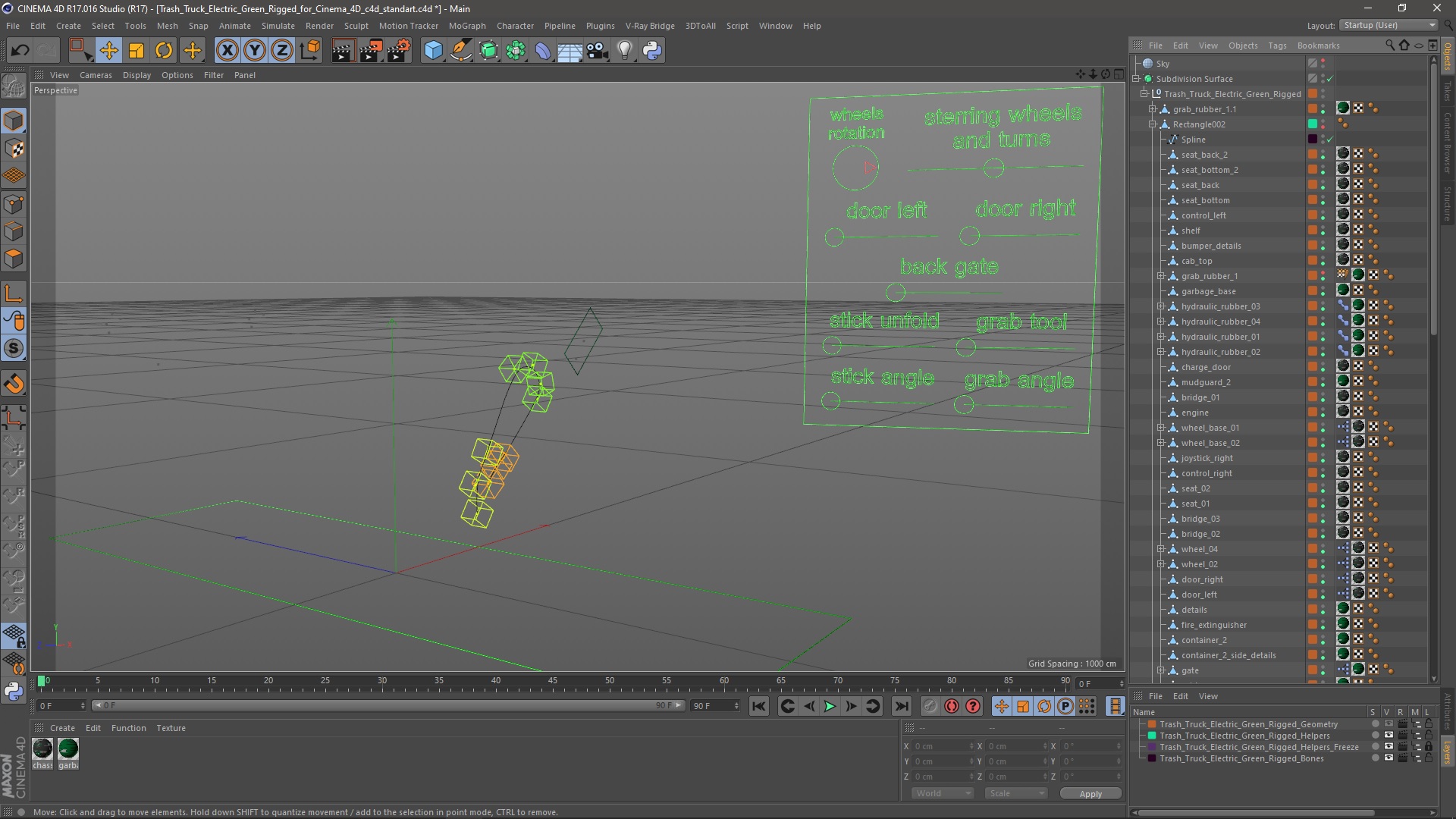 Trash Truck Electric Green Rigged for Cinema 4D 3D