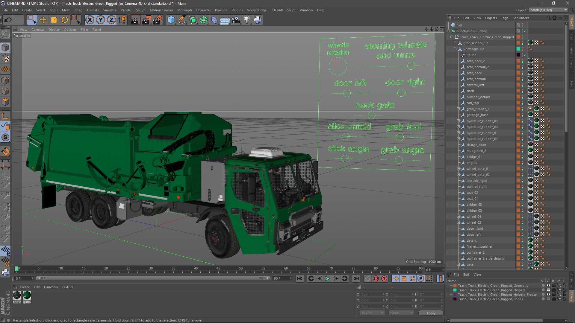 Trash Truck Electric Green Rigged for Cinema 4D 3D
