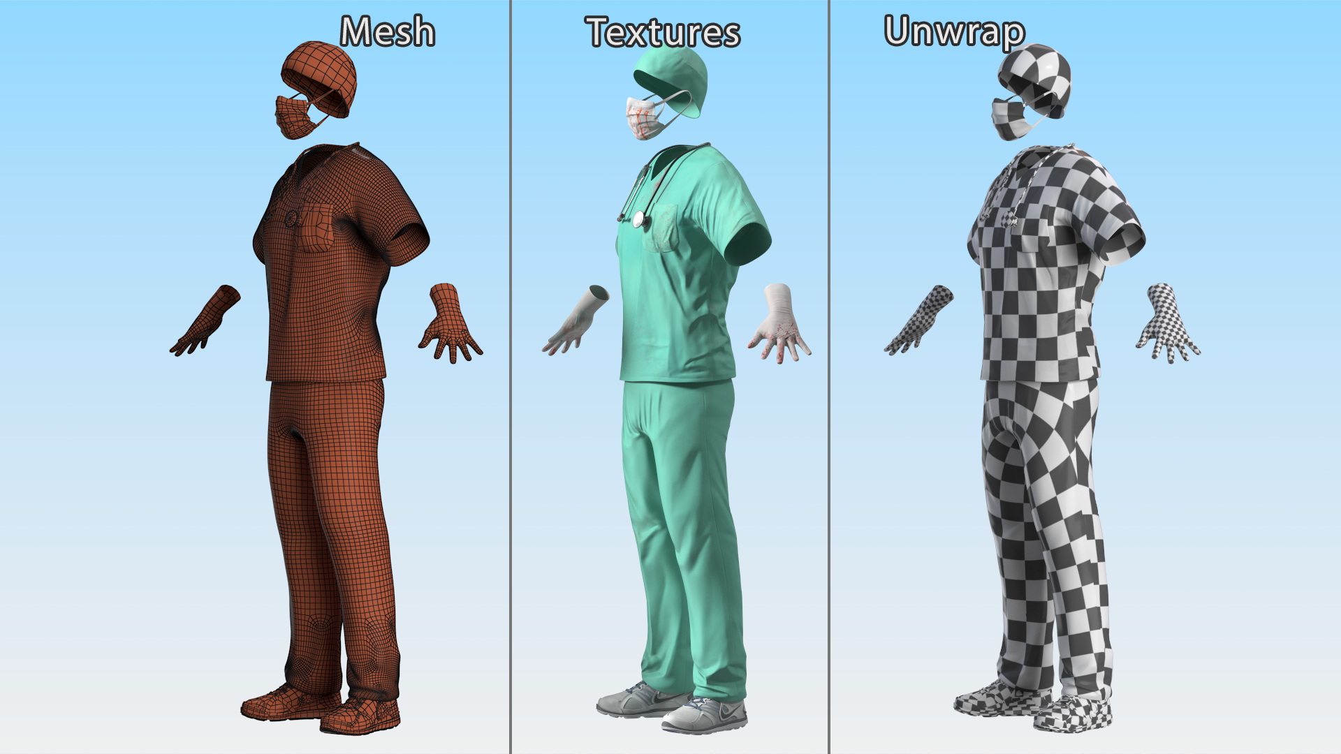 3D Blue Emergency Surgeon Costume Scrubs Blood Stained