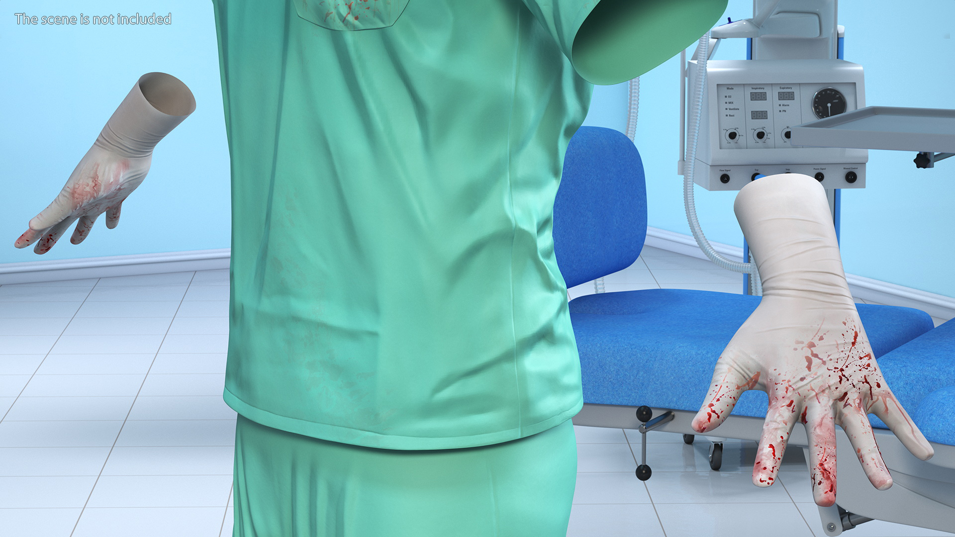 3D Blue Emergency Surgeon Costume Scrubs Blood Stained