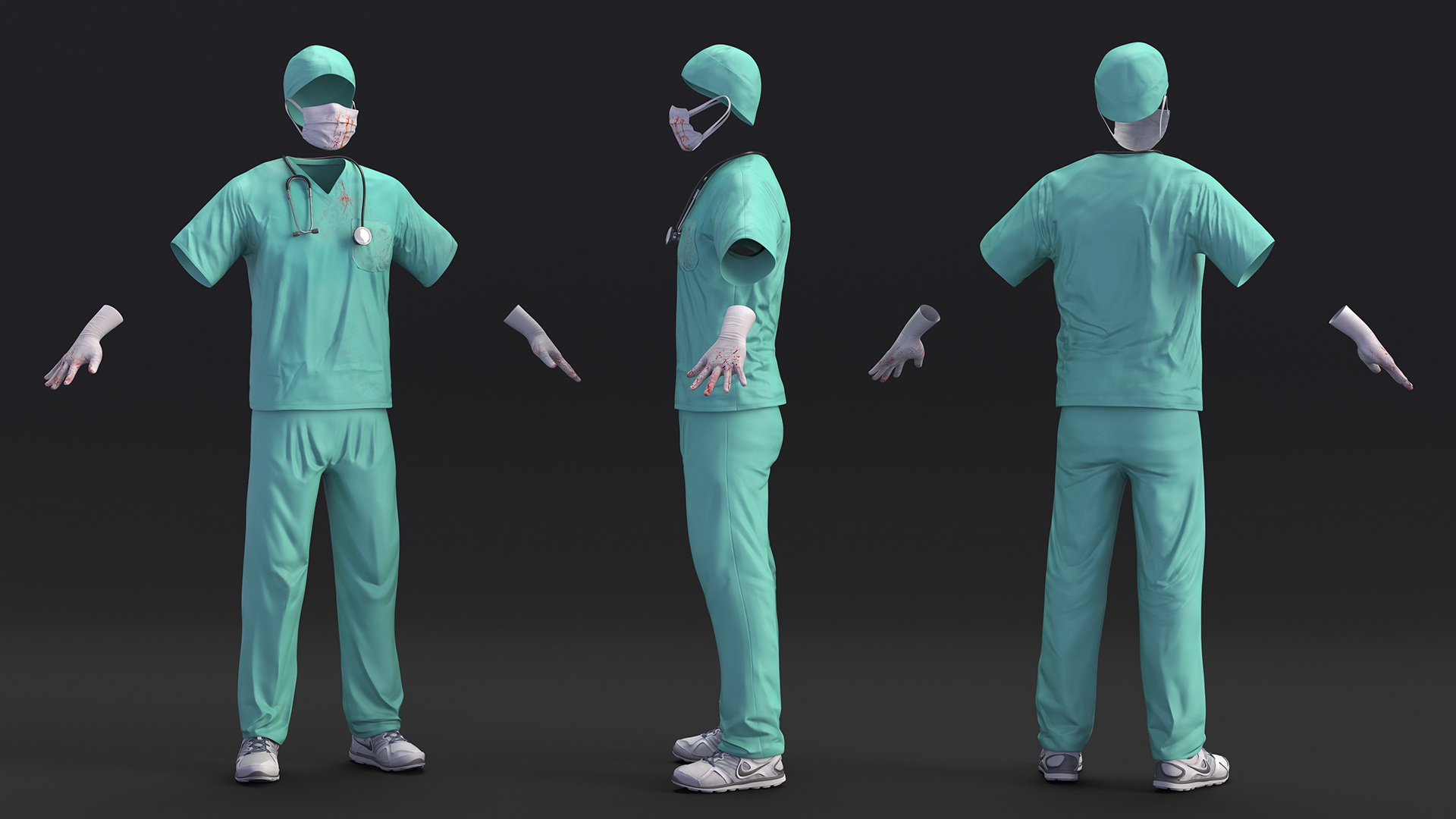3D Blue Emergency Surgeon Costume Scrubs Blood Stained