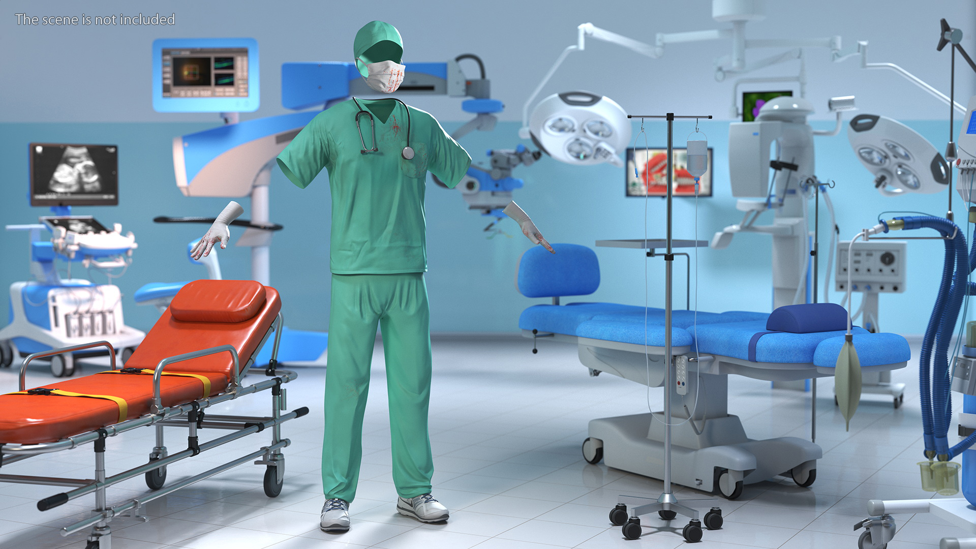 3D Blue Emergency Surgeon Costume Scrubs Blood Stained