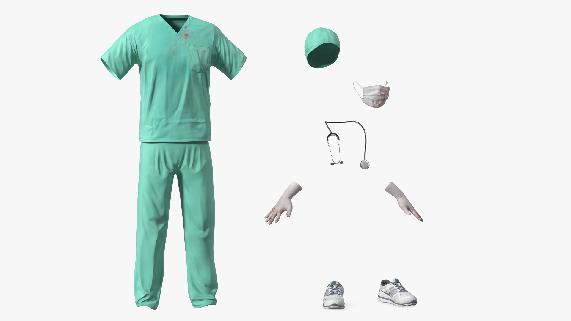 3D Blue Emergency Surgeon Costume Scrubs Blood Stained