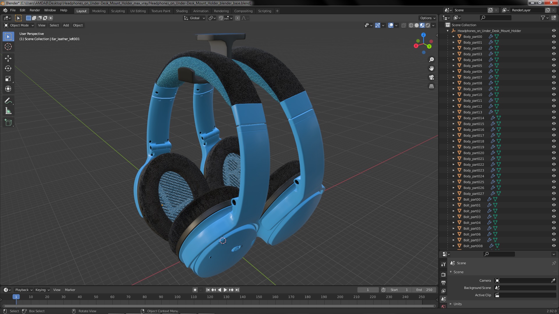 Headphones on Under-Desk Mount Holder 3D
