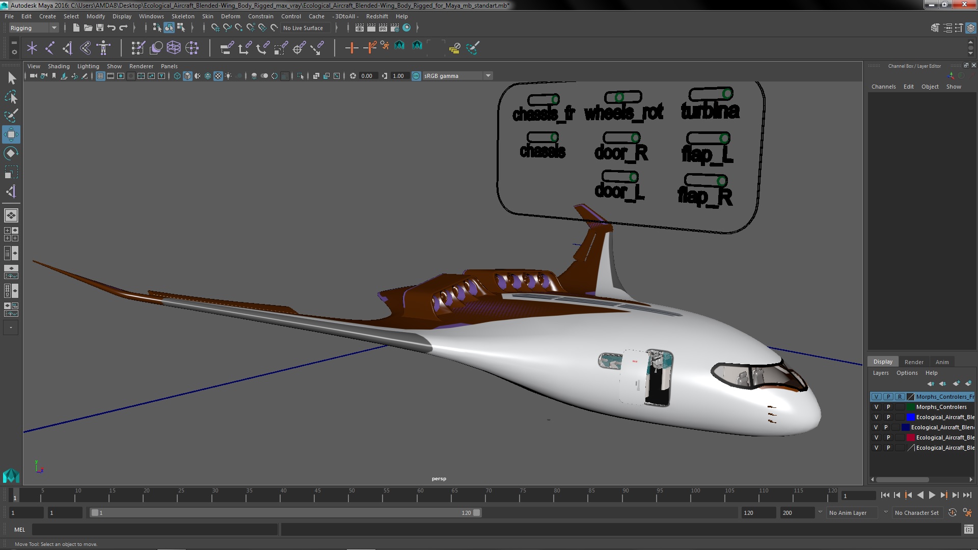 3D Ecological Aircraft Blended-Wing Body Rigged for Maya model