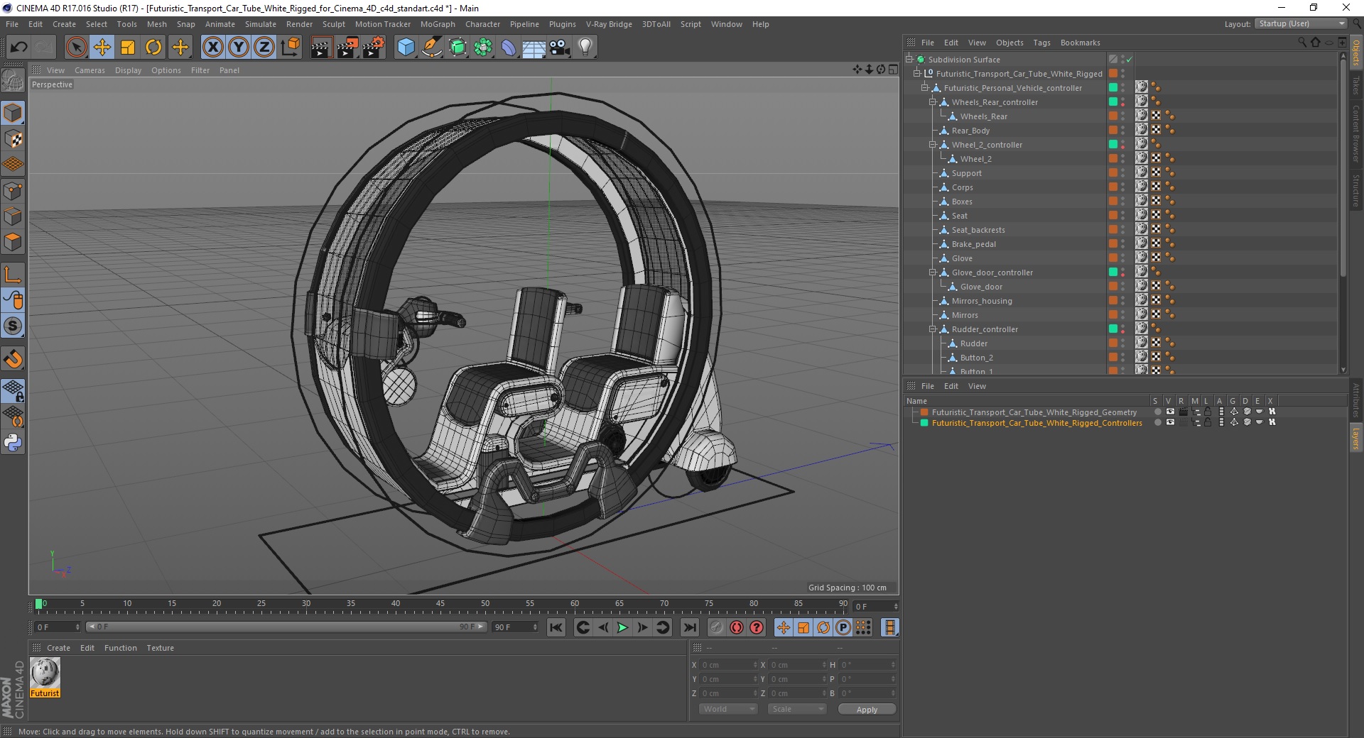 3D Futuristic Transport Car Tube White Rigged for Cinema 4D
