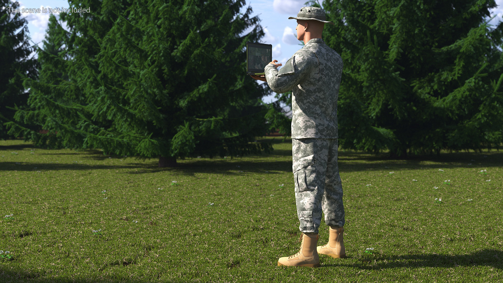 3D Soldier Holding Rugged Laptop Mildef RS13