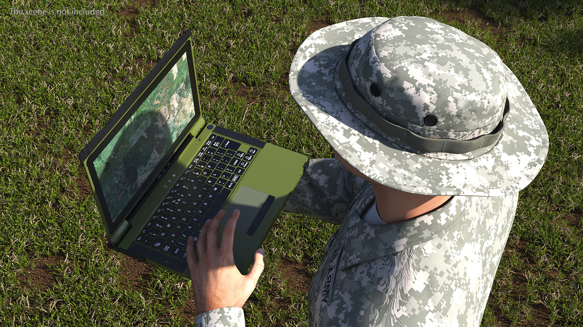 3D Soldier Holding Rugged Laptop Mildef RS13