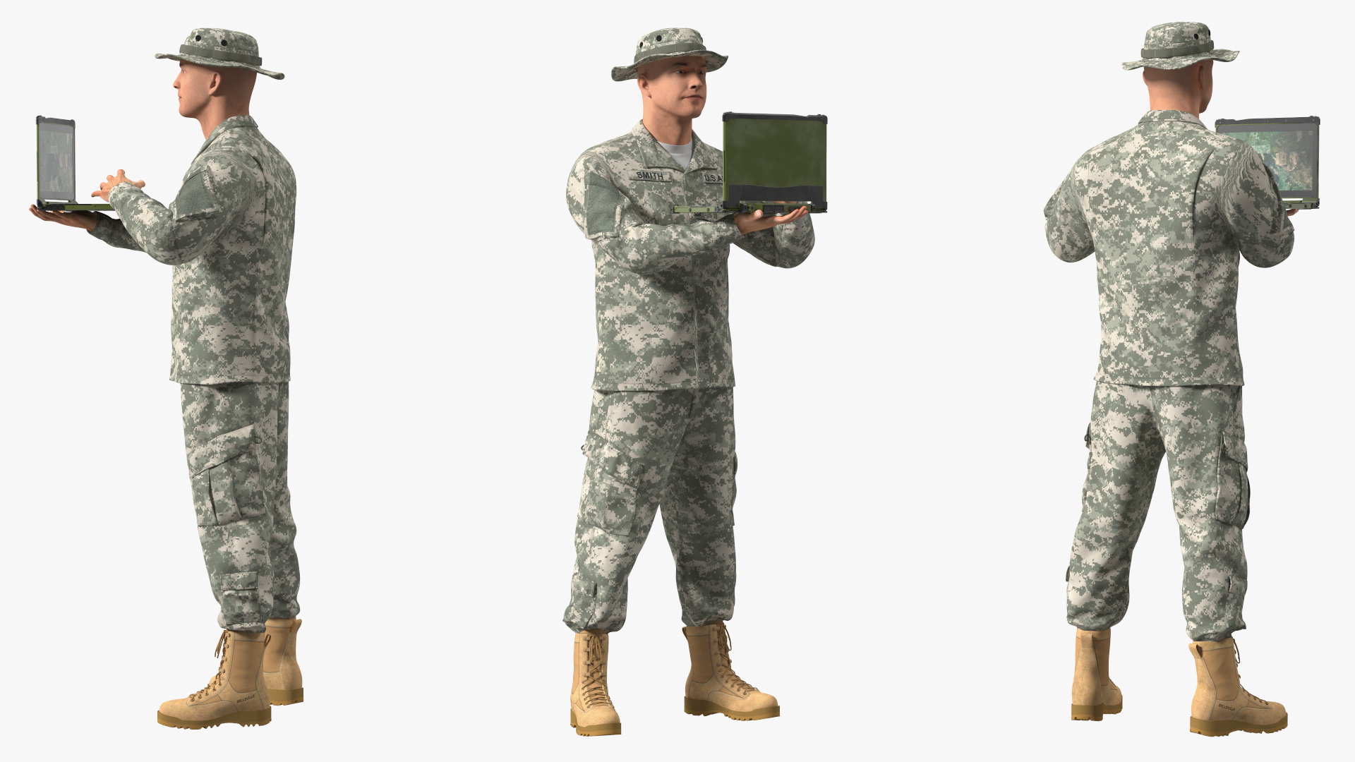 3D Soldier Holding Rugged Laptop Mildef RS13