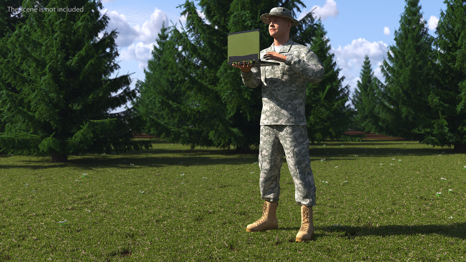 3D Soldier Holding Rugged Laptop Mildef RS13