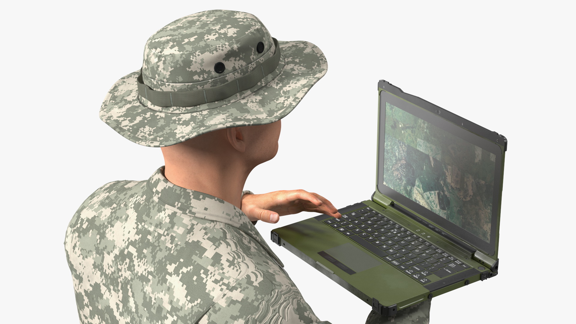 3D Soldier Holding Rugged Laptop Mildef RS13