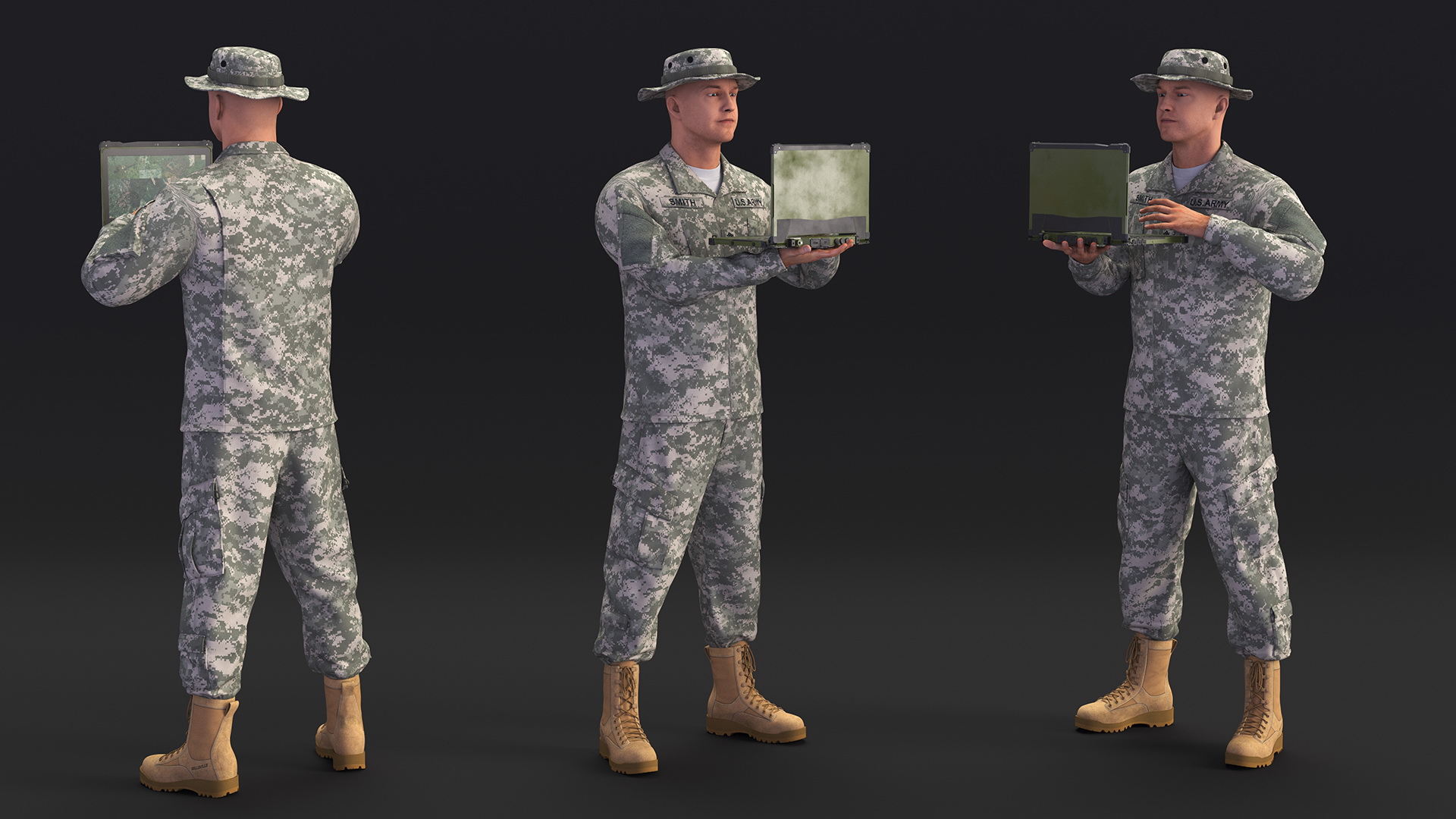 3D Soldier Holding Rugged Laptop Mildef RS13