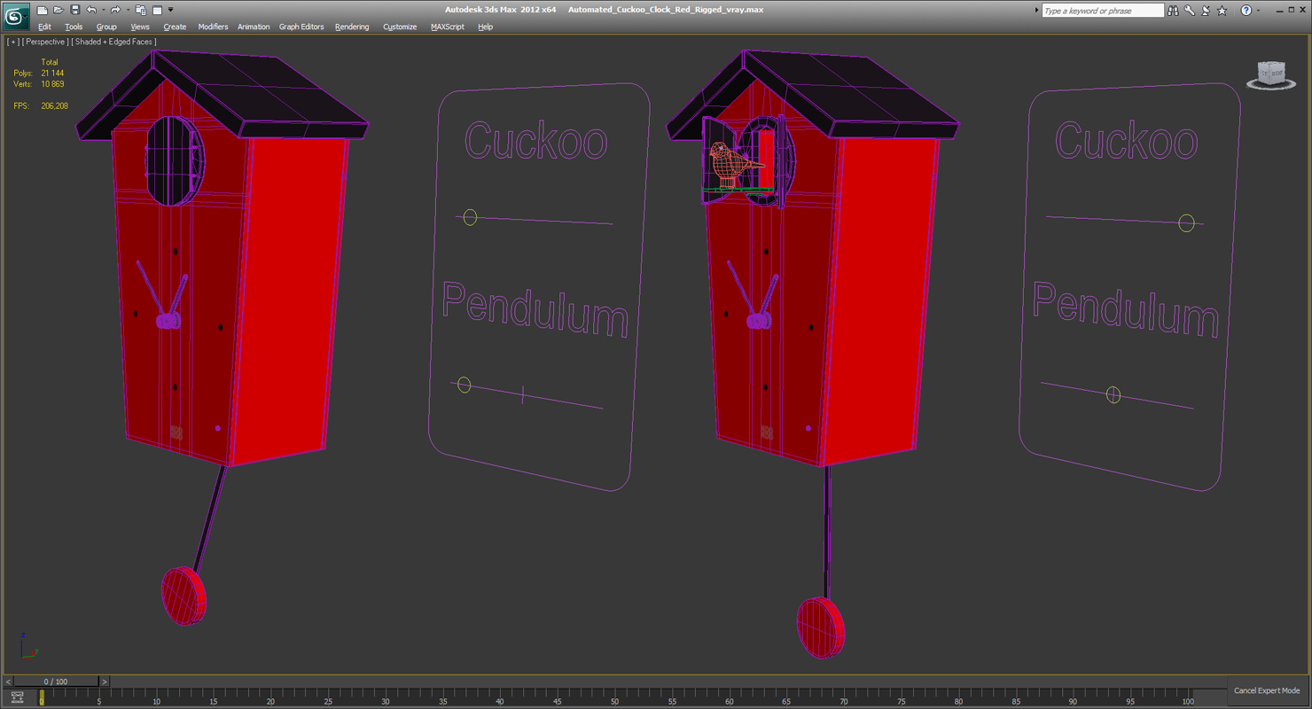 3D Automated Cuckoo Clock Red Rigged model